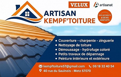 Basée à Metz, Kempf’Toiture met à votre service son savoir-faire dans tous les travaux de toiture. Notre entreprise intervient sur la couverture, la charpente et la zinguerie, ainsi que sur l’entretien complet des toitures : nettoyage, démoussage et traitement hydrofuge. Nous assurons également des dépannages rapides et proposons des prestations de peinture intérieure et extérieure. Notre priorité est d’offrir un travail fiable, durable et conforme aux attentes de nos clients, avec des conseils techniques adaptés et des devis gratuits pour chaque projet. Contactez-nous dès aujourd’hui pour établir un devis gratuit !📞 06 18 32 40 54